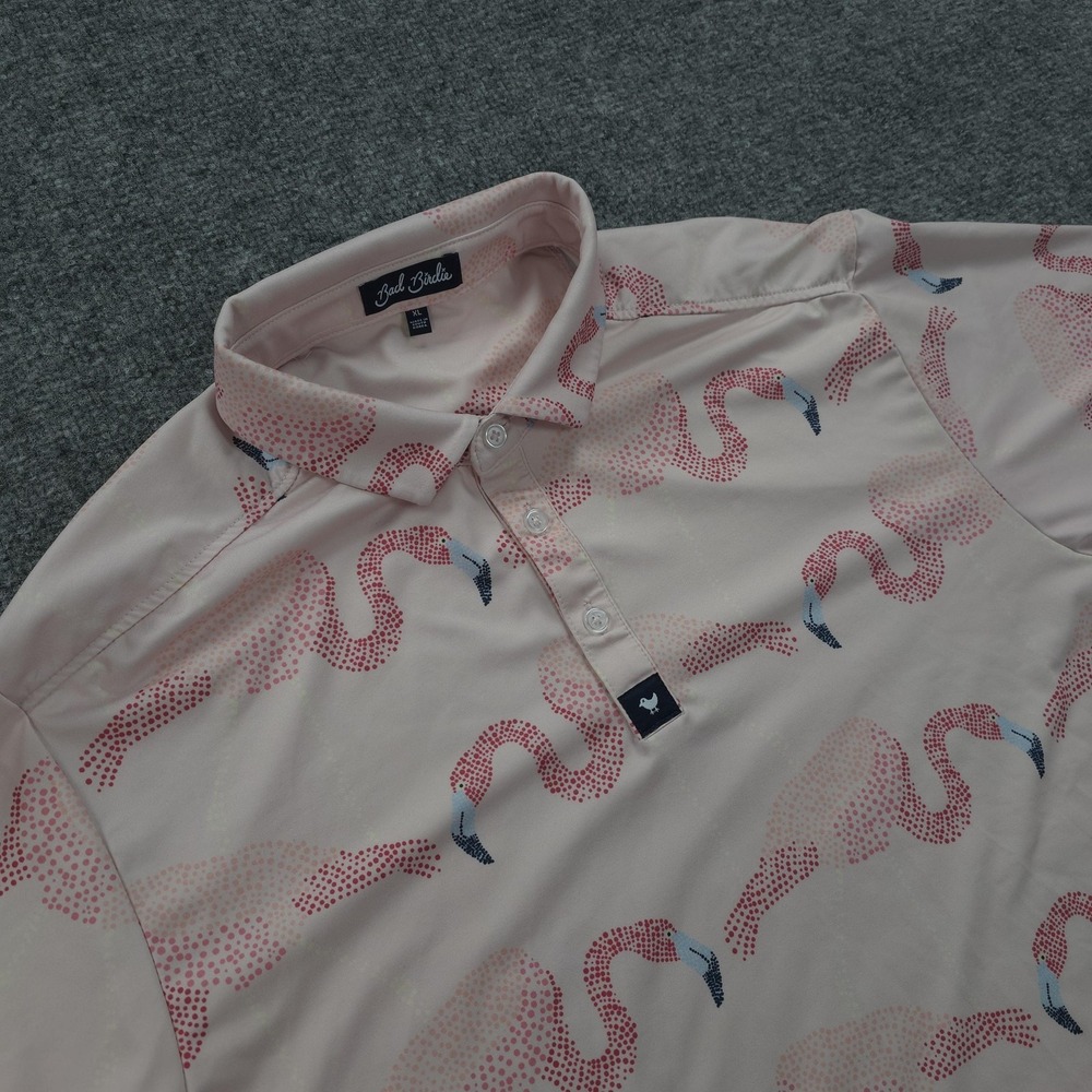 Bad Birdie Polo Shirt Mens XL Pink Pinky Promise Flamingo Print Golf Performance